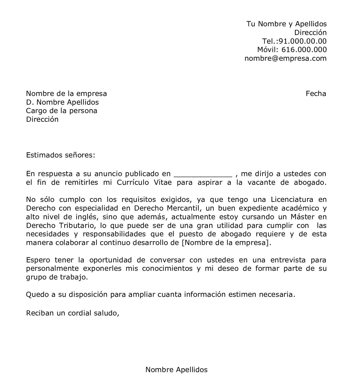 Carta de presentación para una oferta de trabajo