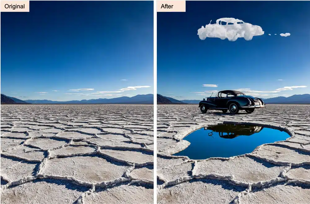imagen de un coche antes y despues de usar la Inteligencia Artificial en Photoshop