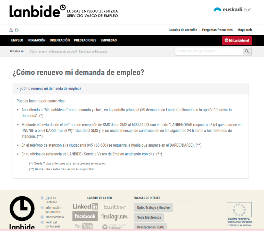 renovar demanda de empleo en pais vasco euskadi