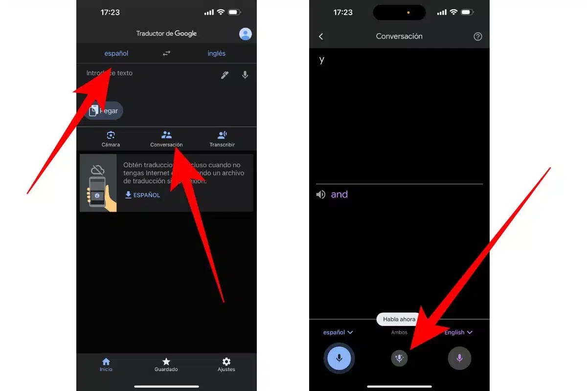 Transcripción y reproducción continua de la conversación traductor google