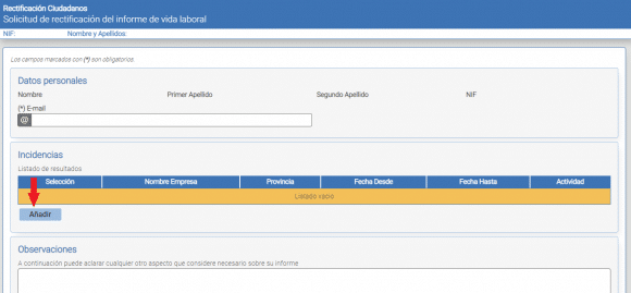 formulario solicitud de rectificación del informe de vida laboral