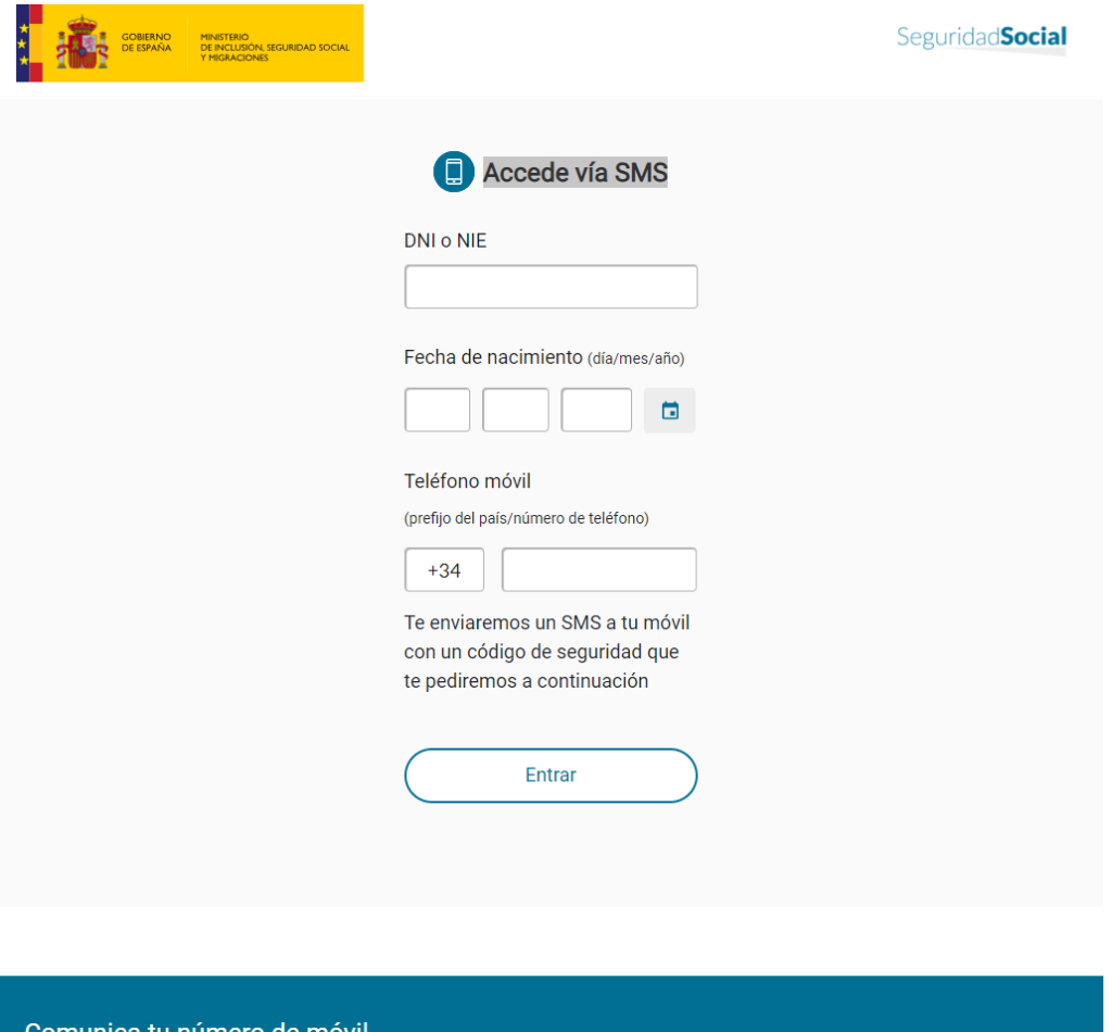 pedir codigo SMS para hacer tramites con la seguridad social online
