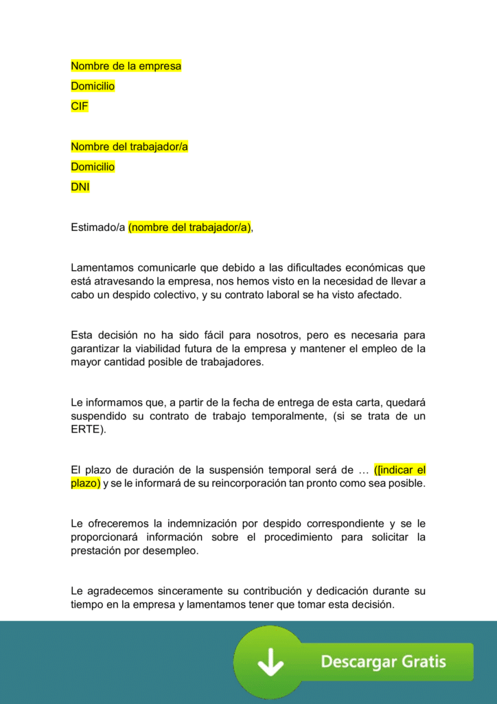 Modelo de carta de despido  colectivo