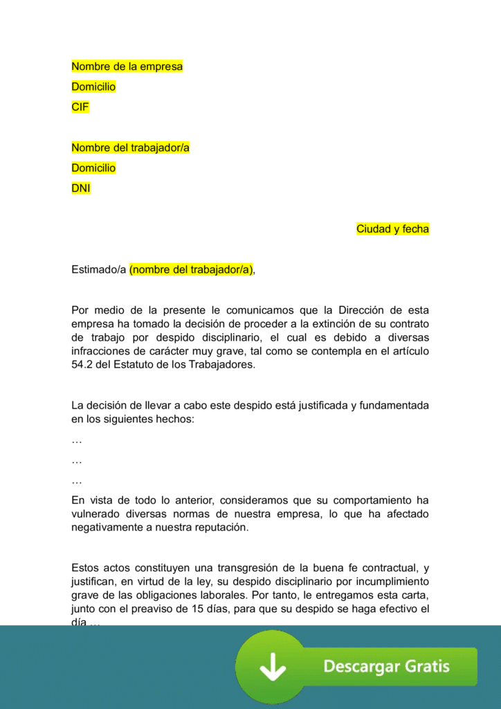 Ejemplo de carta de despido disciplinario