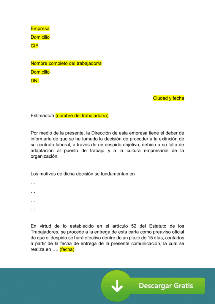 Módelo de carta de despido objetivo
