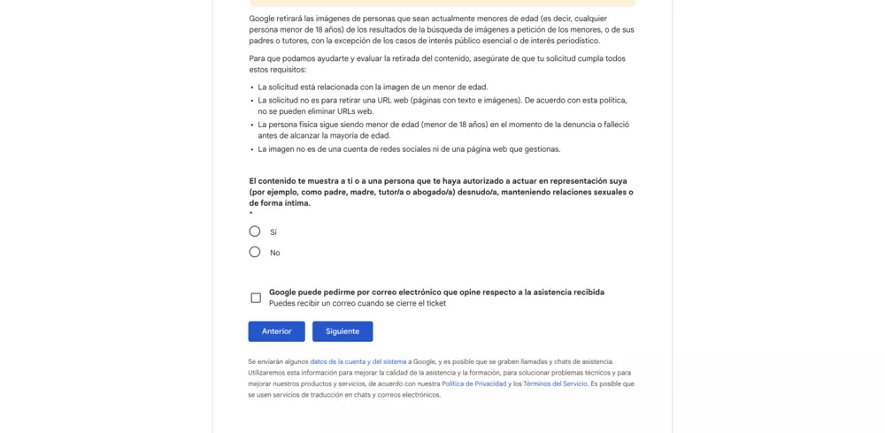 Condiciones de Solicitud de retirada de imagenes de menores en google