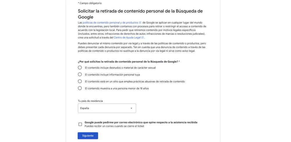 Iniciar solicitud de retirada de imagenes de menores en google