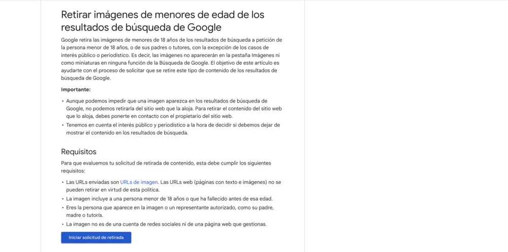 Solicitud de retirada de imagenes de menores en google