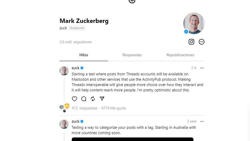 Imagen del perfil de Mark Zuckerberg, presidente de Meta, en Threads