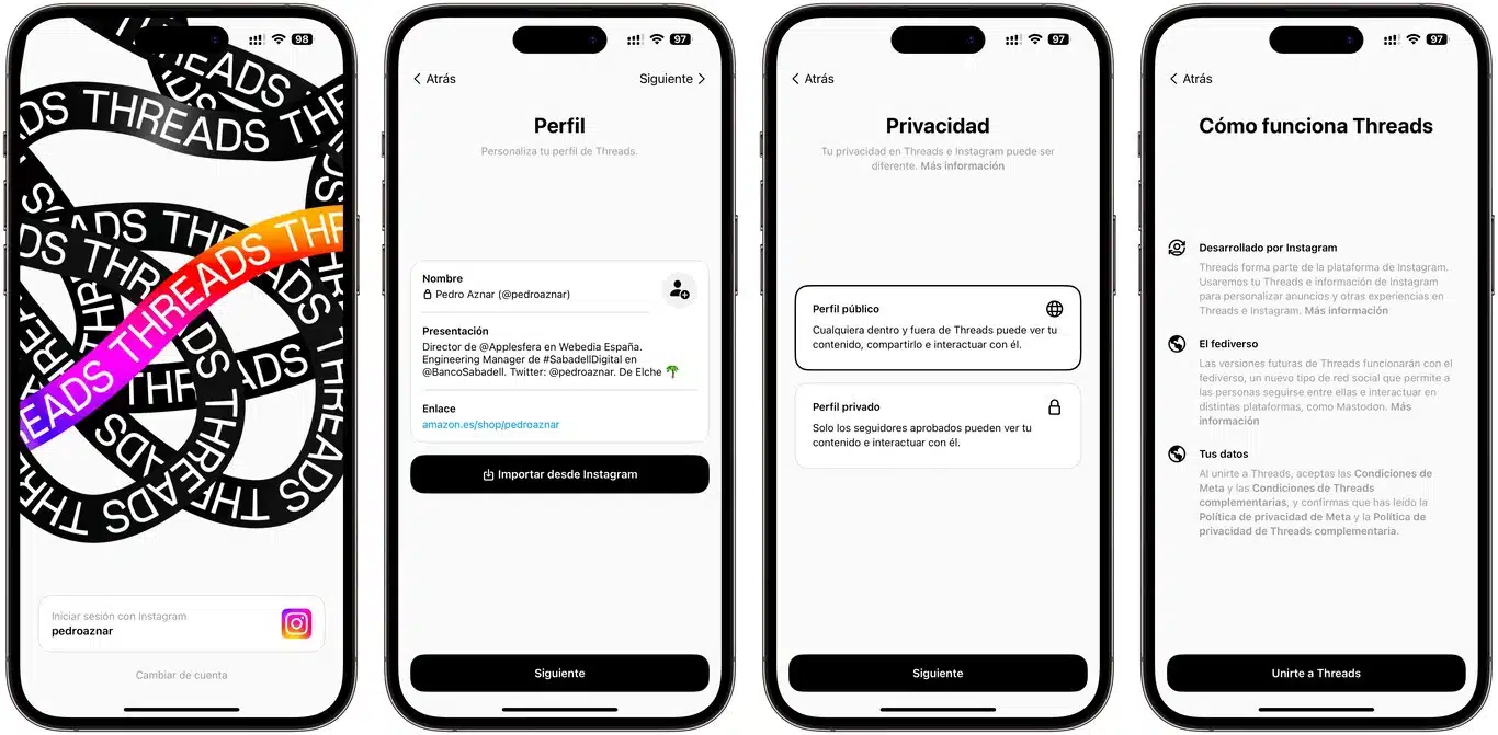 La configuración de threads es rápida y sencilla importando nuestra información de Instagram