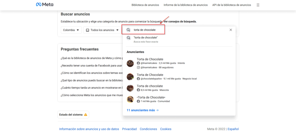 Uso de palabras clave en Facebook Ads Library