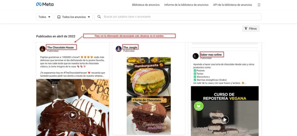 recorrer anuncios en Facebook Ads Library