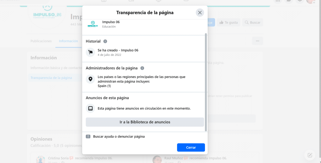 transparencia de la pagina Facebook Ads Library en detalle
