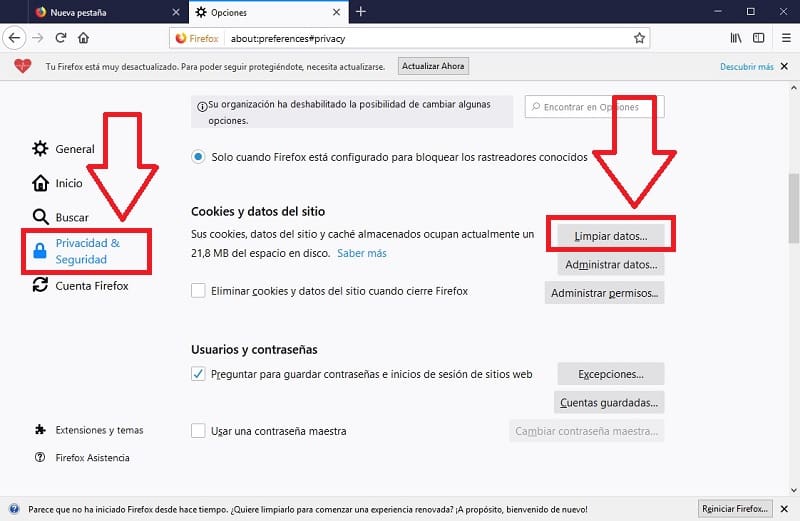 eliminar las cookies Mozilla Firefox