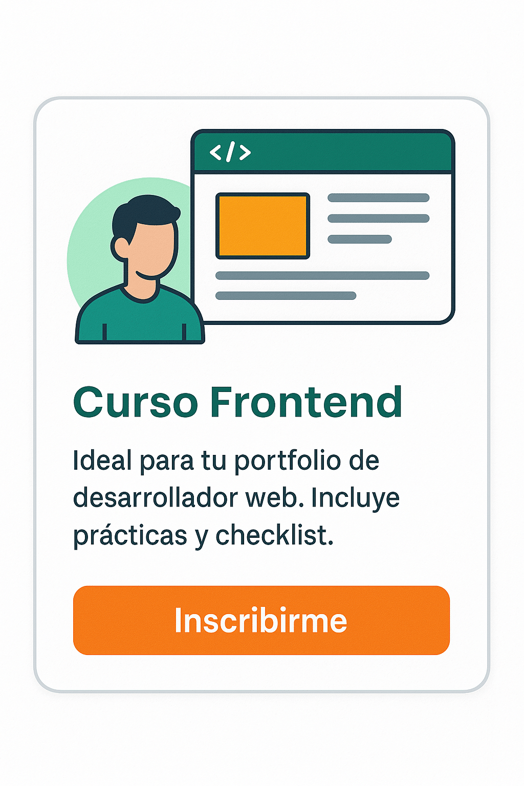 Ilustración promocional de un curso frontend, estilo flat design con botón de inscripción naranja