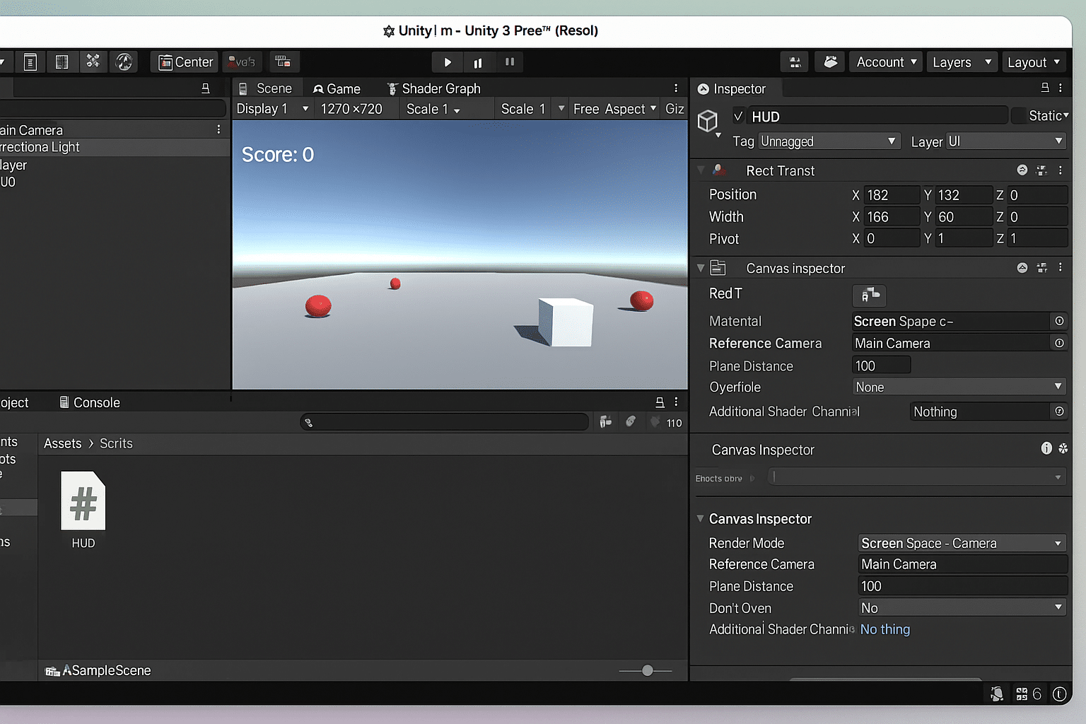 Captura de Unity 3D mostrando un proyecto de juego completo con escenario, personaje y HUD