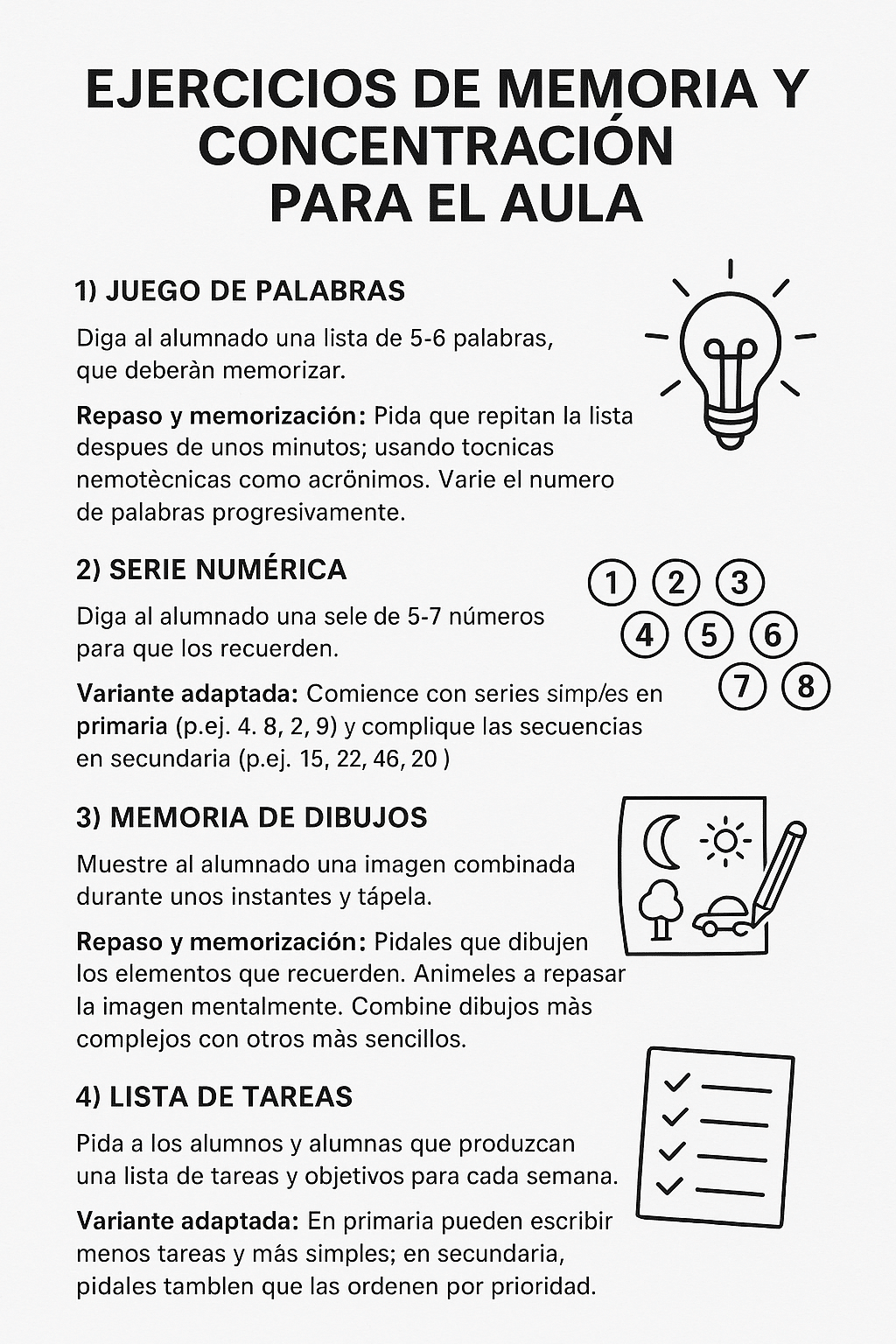 Hoja imprimible: Ejercicios de memoria y concentración para el aula: juego de palabras, serie numérica, memoria de dibujos y lista de tareas.
