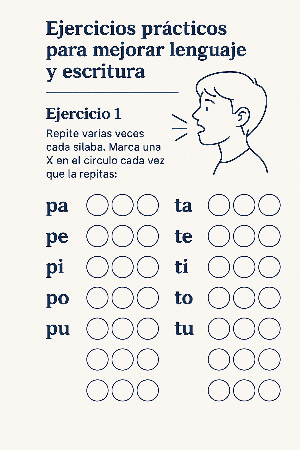 Ficha 1: articulación y repetición de sílabas con marcadores de repeticiones para mejorar conciencia fonológica.