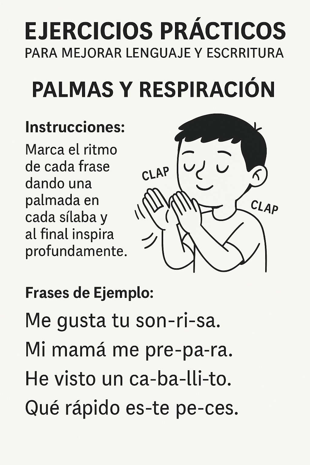 Ficha 2: ritmo con palmas por sílaba y respiración final para foco atencional y prosodia.