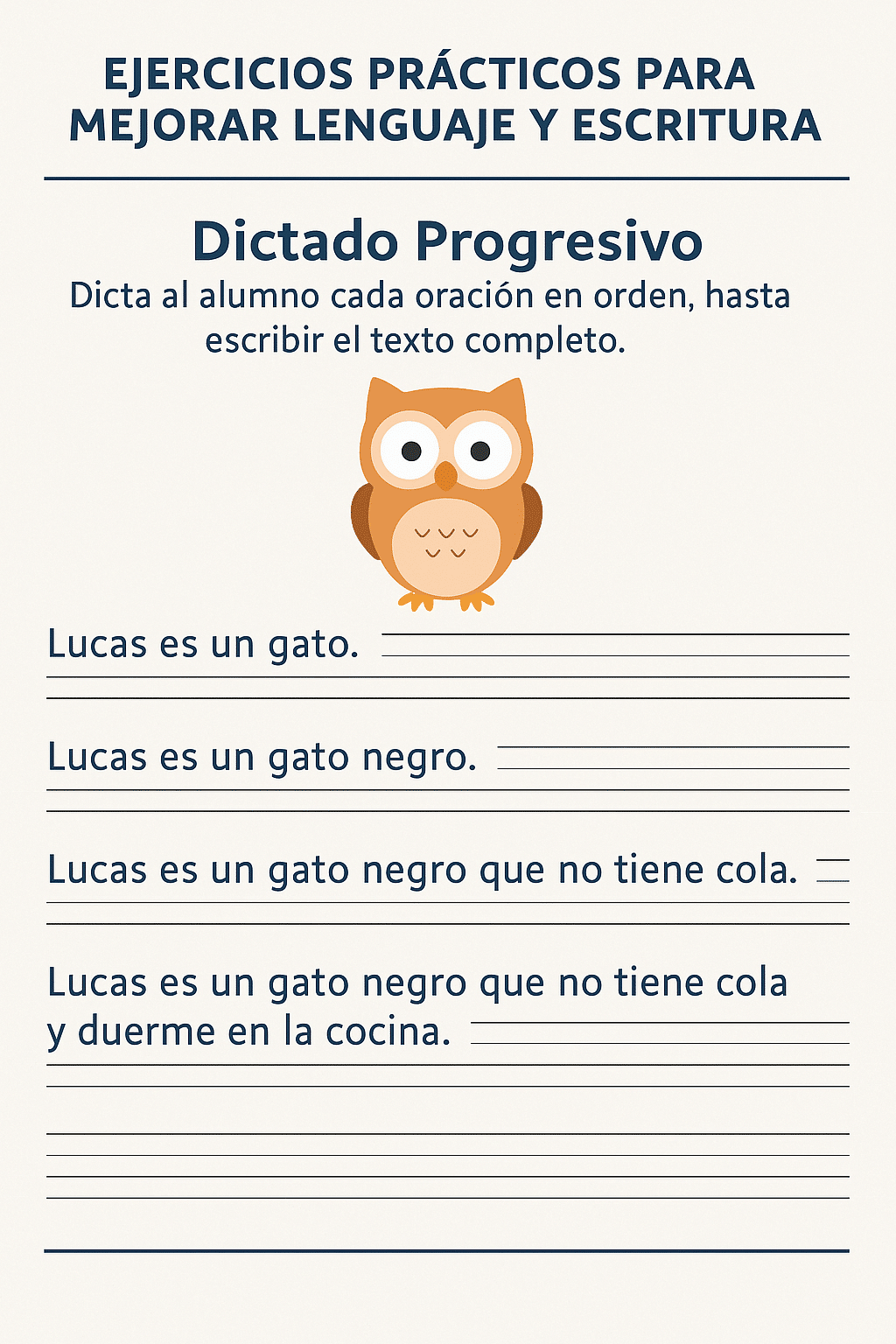 Ficha 3: dictado progresivo con oraciones crecientes y líneas guía para escritura ordenada.