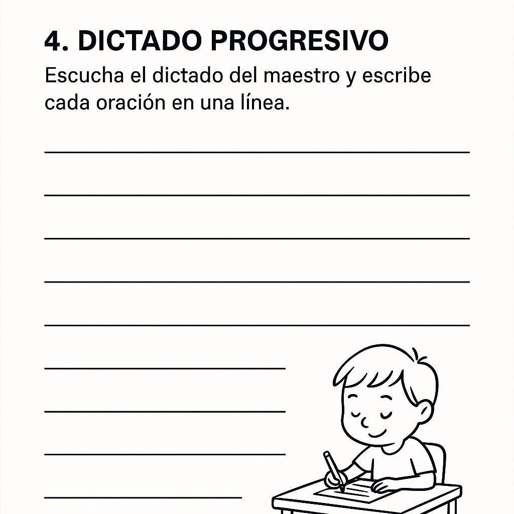 Ficha 4: dictado libre con líneas y apoyo visual, ideal para disortografía y planificación escrita.