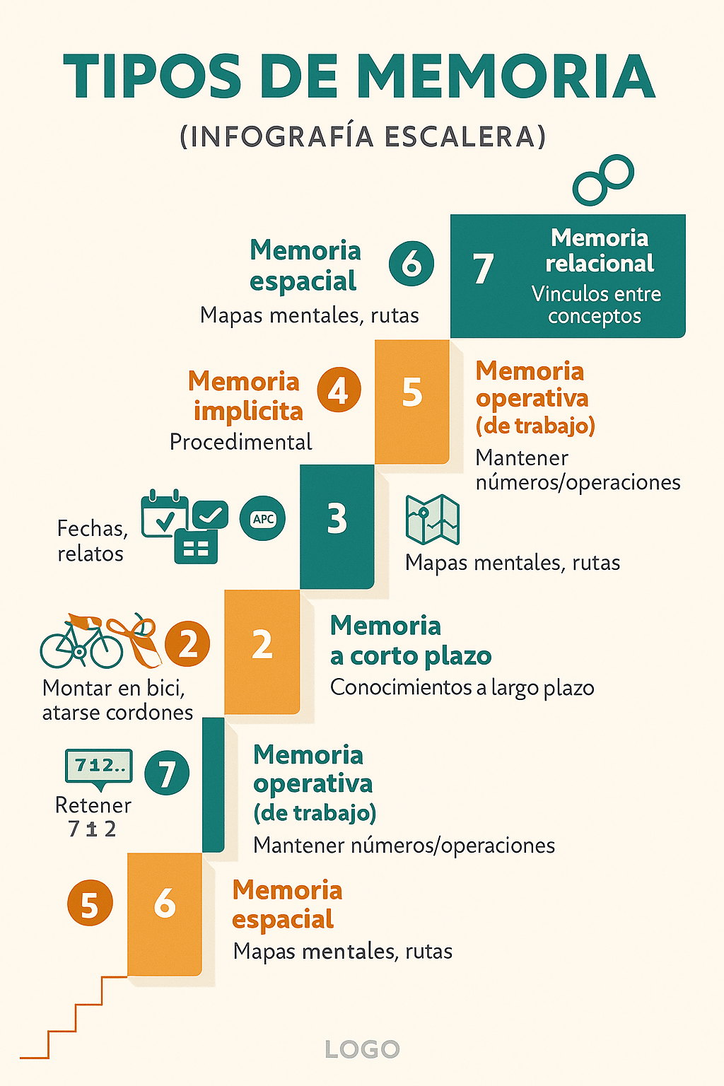 Infografía estilo escalera: tipos de memoria con ejemplos