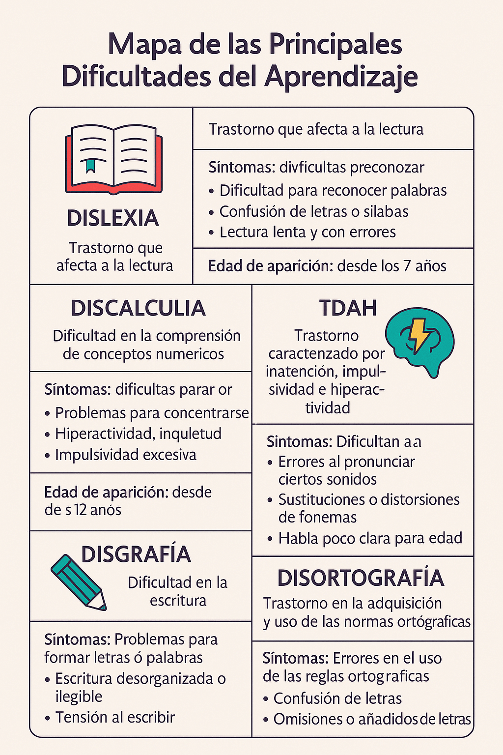 Infografía: mapa de las principales dificultades del aprendizaje (dislexia, discalculia, TDAH, dislalia, disgrafía, disortografía), con definiciones, síntomas y edad de aparición.