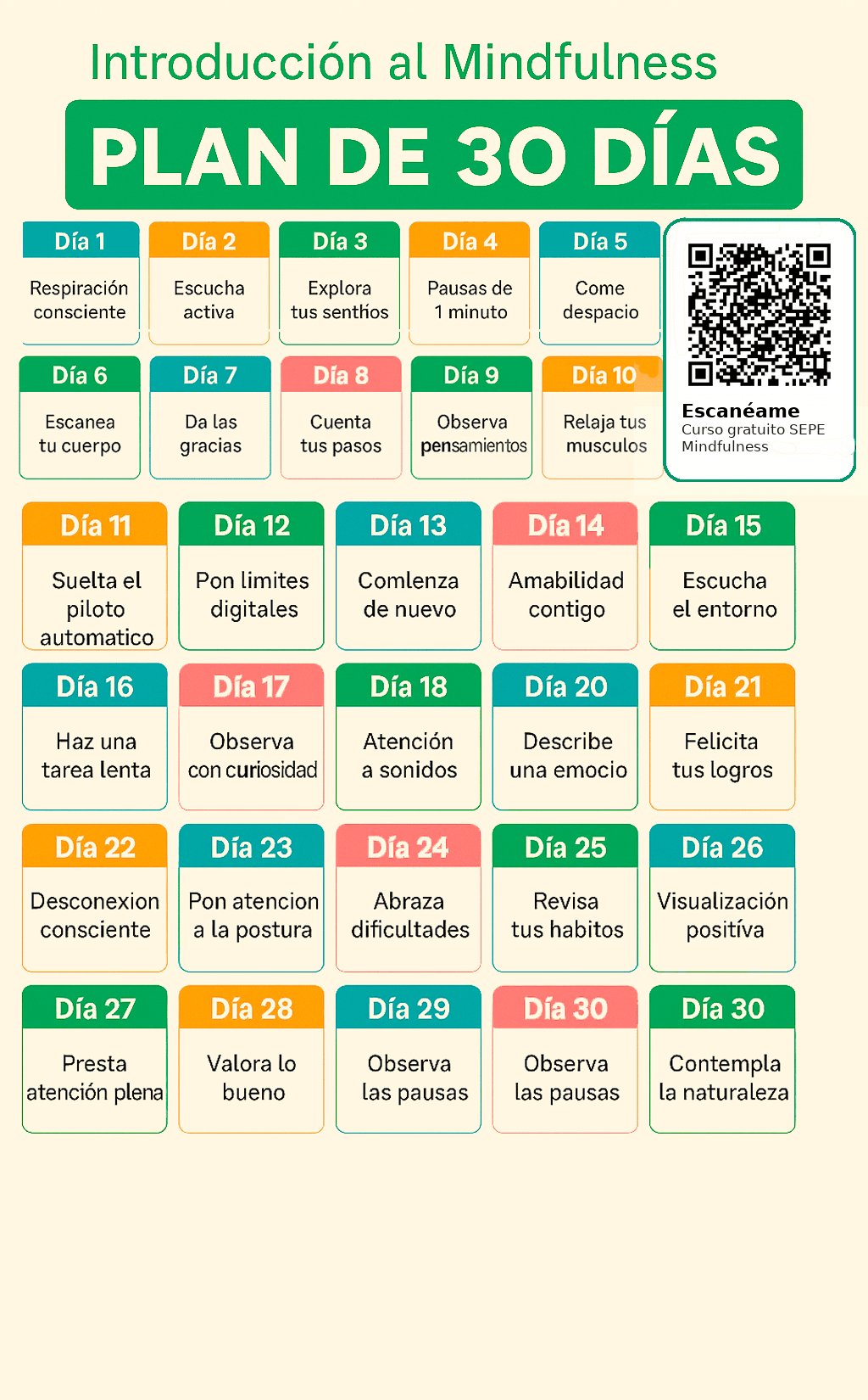 Calendario 30 días de Mindfulness con QR al curso gratuito SEPE