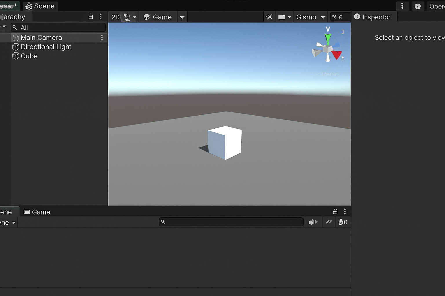 Captura de pantalla Unity 3D con un cubo iluminado sobre un plano