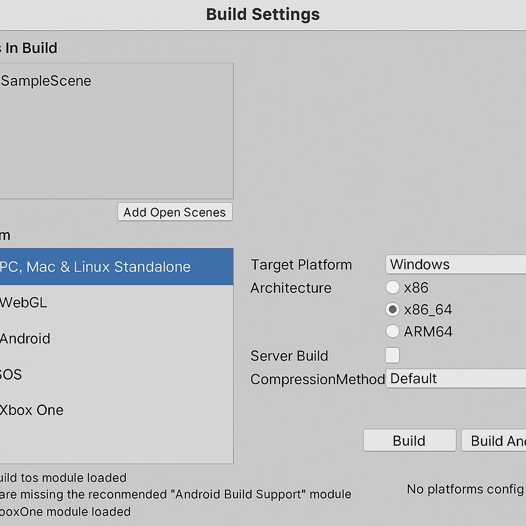 Captura de Unity 3D mostrando la ventana Build Settings con opciones de plataforma