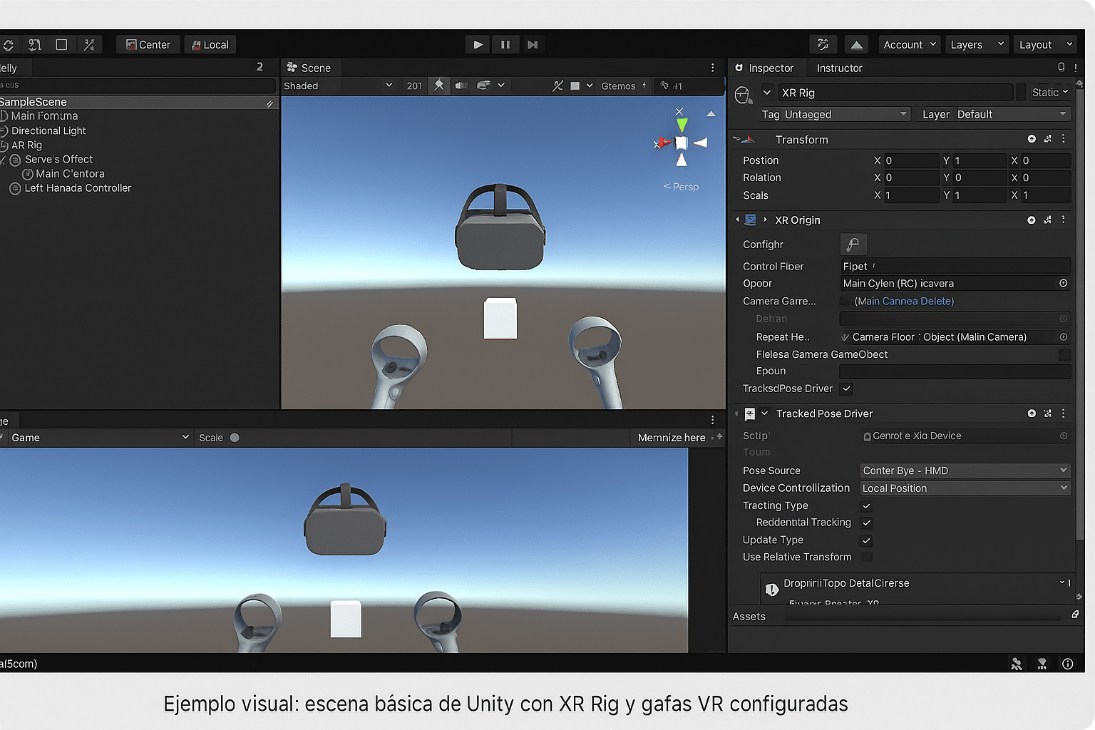 Captura de Unity 3D mostrando un XR Rig configurado con cámara VR y controladores