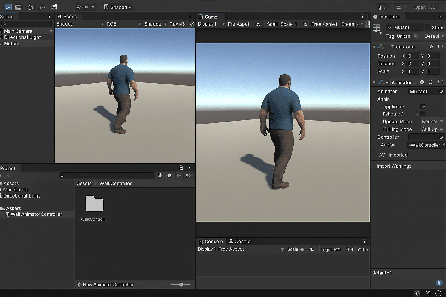 Captura de Unity 3D mostrando un personaje importado con animación Idle/Walk