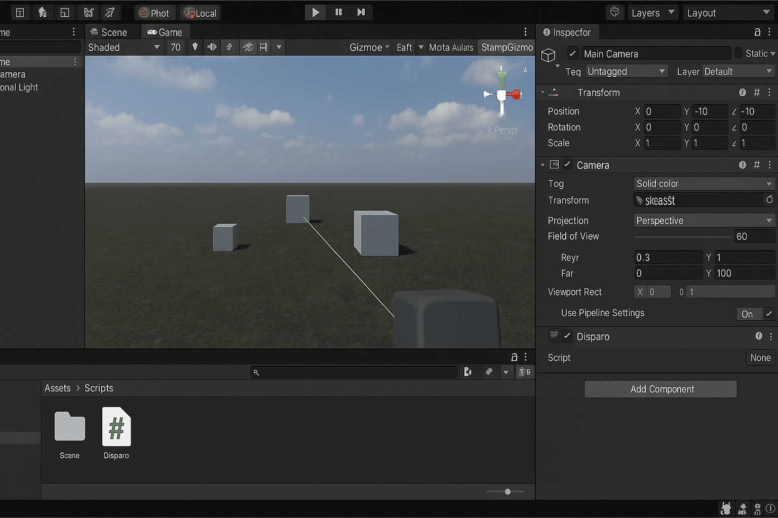Captura de Unity 3D mostrando cámara en primera persona disparando rayos a cubos con RayCast