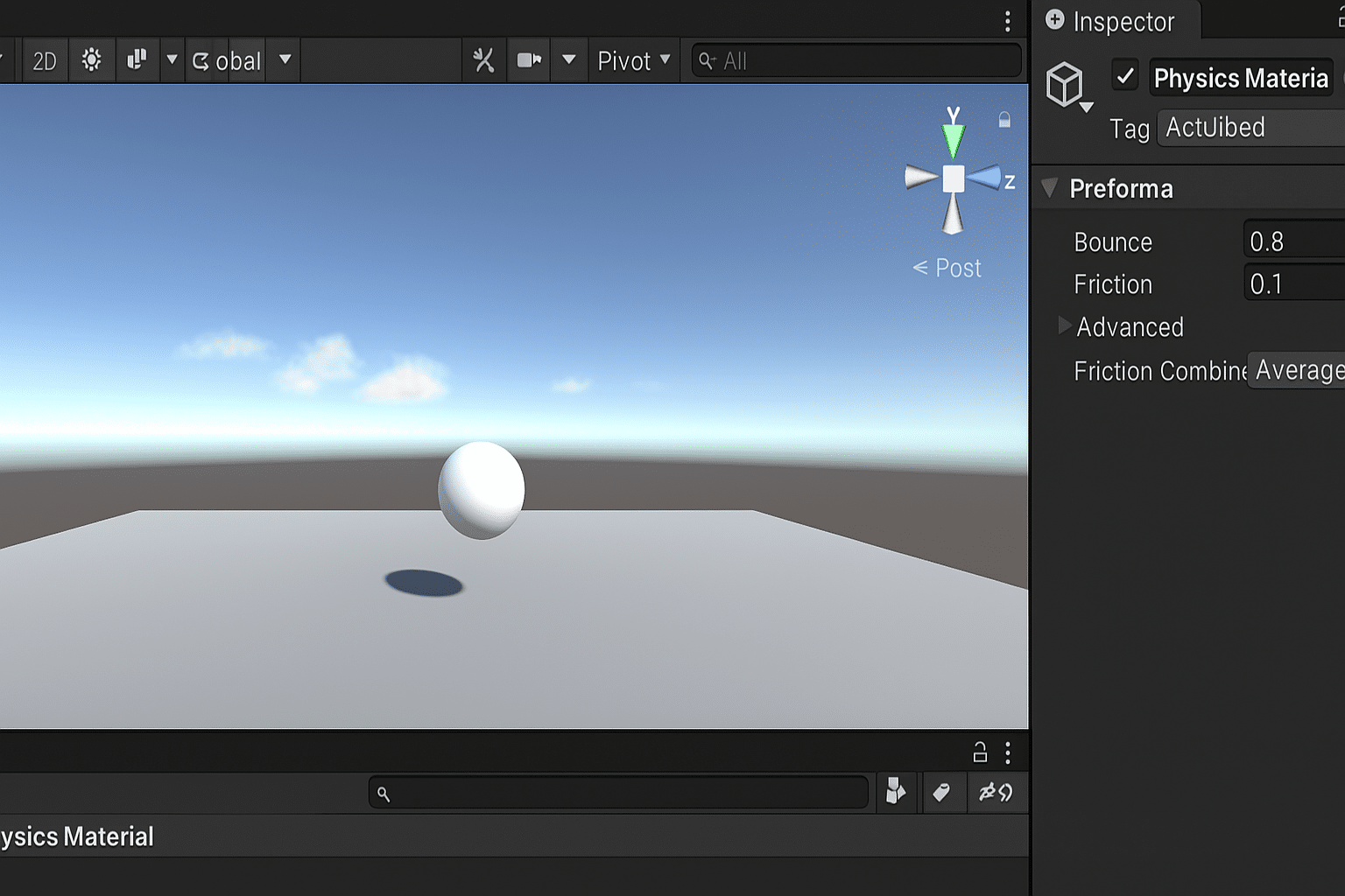 Captura de Unity 3D mostrando una esfera con Rigidbody rebotando sobre un plano