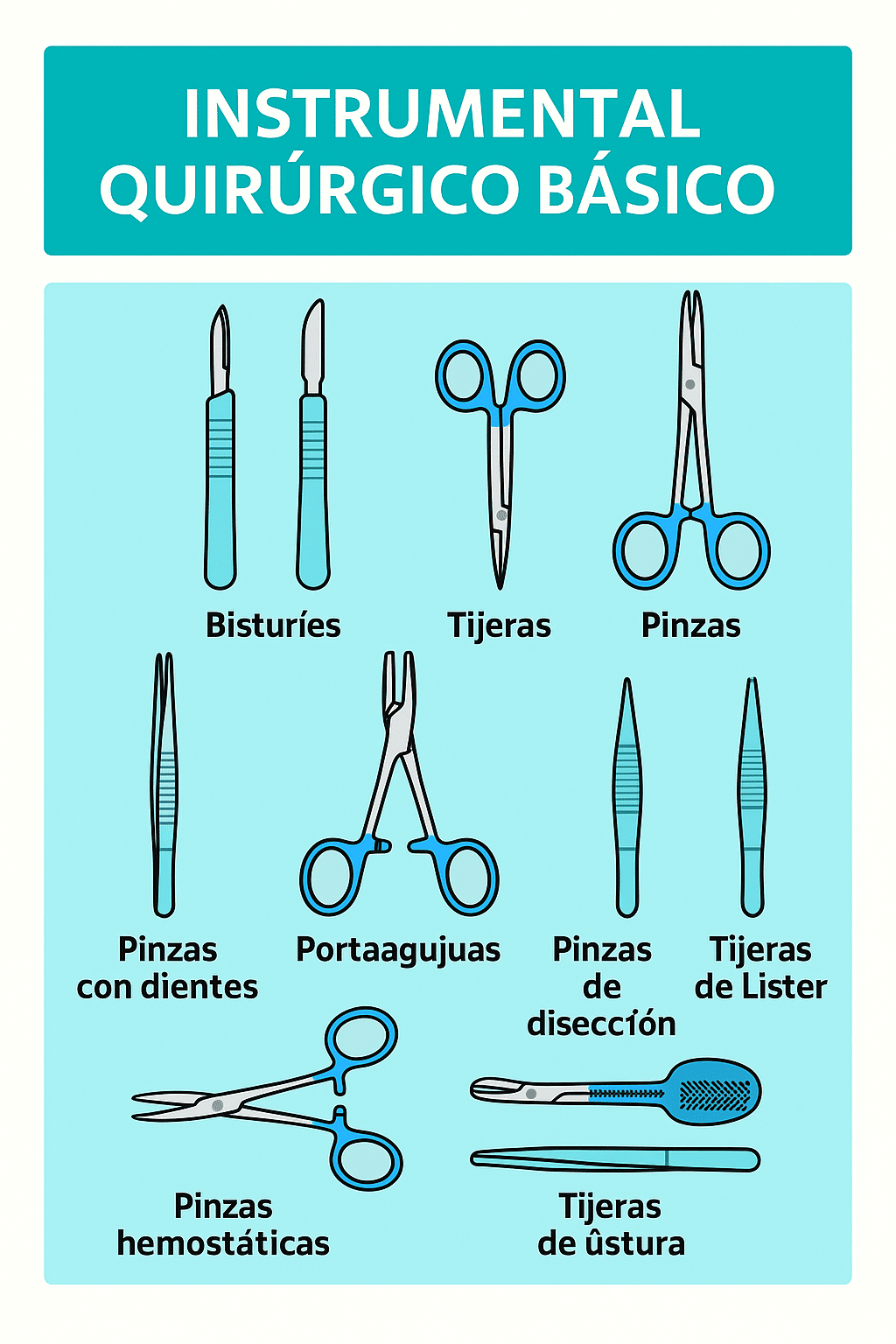 Infografía del instrumental quirúrgico básico: bisturíes 10/11/15, tijeras Mayo e Iris, portaagujas, pinzas de disección y hemostáticas, separadores.