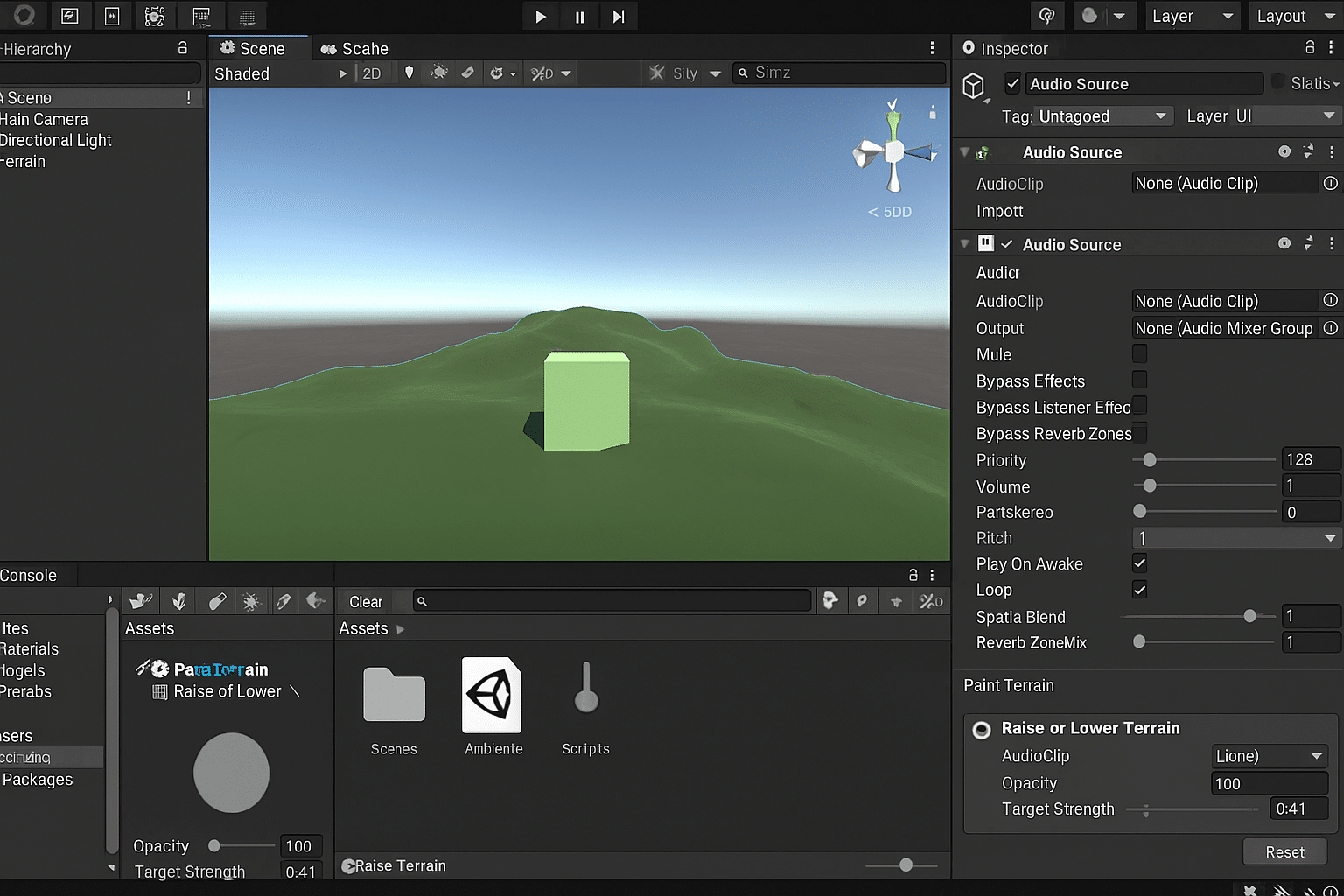 Captura de Unity 3D con terreno, árboles y cielo azul